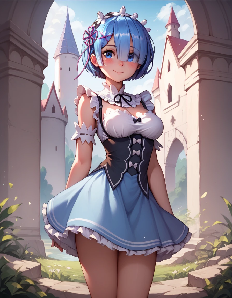 blue hair, rem \(re:zero\), [smile], blush, castle,, masterpiece, best quality, perfect lighting, 1girl, ,  (((medium naked bs withs))), ((beauteasts and vagina)), ((peagina and br),