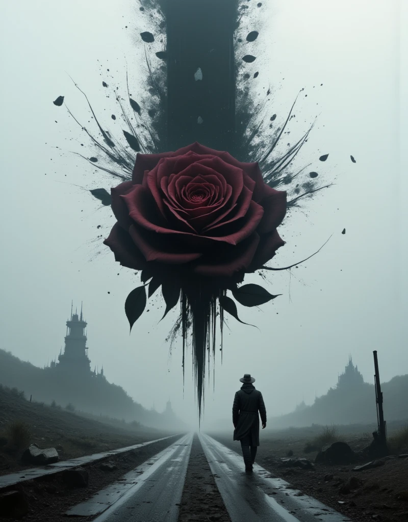 Hyper-realistic digital painting  An ideal double exposure. The double exposure is a huge silhouette of a black and burgundy rose, inside we see the departing silhouette of a cowboy in a raincoat walking along the road to a huge bizarre Dark tower against the background of a gloomy post-apocalyptic landscape.. Saturated dark colors. ethereal ambiance, octane render, ultra HD, vivid colors, intricate detailing, perfect composition, soft natural lighting, 8k resolution, capturing the essence of a dark fantasy realm. creating a stunning surreal composition, digital artwork showcasing ultra-detailed textures, pure perfection. High Resolution, High Quality