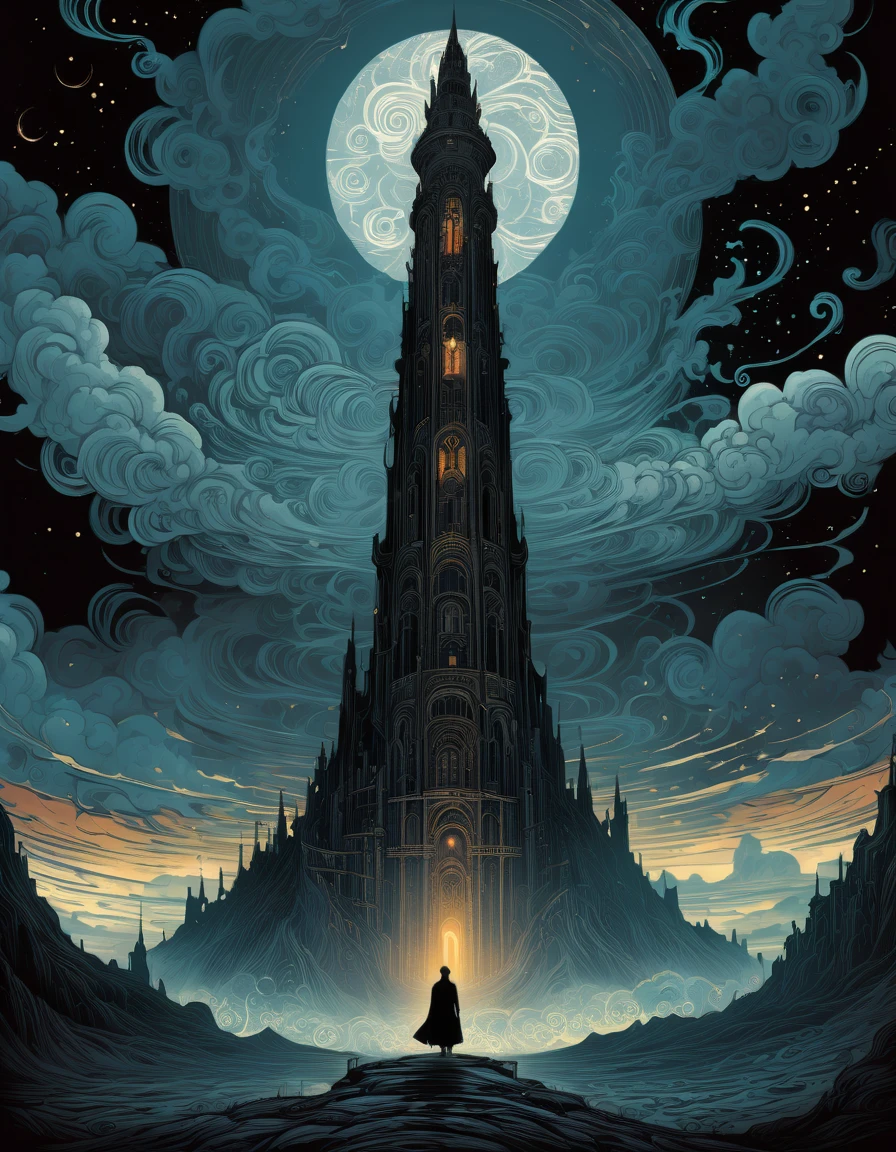 Kilian Eng Style page, Ancient Dark Tower, Towering high in the sky, Darkest Tower. sunlight filtering through clouds, Clouds swirling around the tower, It depicts powerful themes such as "death" "ruin" and "madness", moody color palette, mysterious atmosphere, fantasy landscape, Line art, Ligne claire, Bande Dessinée, style inspired by Gustav Klimt, The Major Works of H. P. Lovecraft