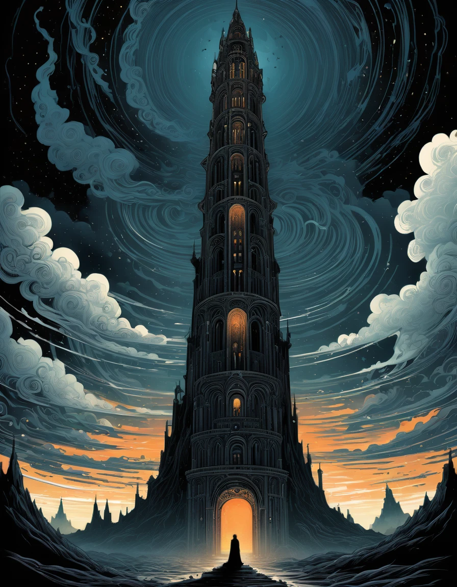 Kilian Eng Style page, Ancient Dark Tower, Towering high in the sky, Darkest Tower. sunlight filtering through clouds, Clouds swirling around the tower, It depicts powerful themes such as "death" "ruin" and "madness", moody color palette, mysterious atmosphere, fantasy landscape, Line art, Ligne claire, Bande Dessinée, style inspired by Gustav Klimt, The Major Works of H. P. Lovecraft