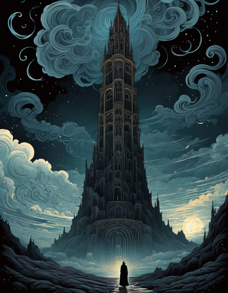 Kilian Eng Style page, Ancient Dark Tower, Towering high in the sky, Darkest Tower. sunlight filtering through clouds, Clouds swirling around the tower, It depicts powerful themes such as "death" "ruin" and "madness", moody color palette, mysterious atmosphere, fantasy landscape, Line art, Ligne claire, Bande Dessinée, style inspired by Gustav Klimt, The Major Works of H. P. Lovecraft