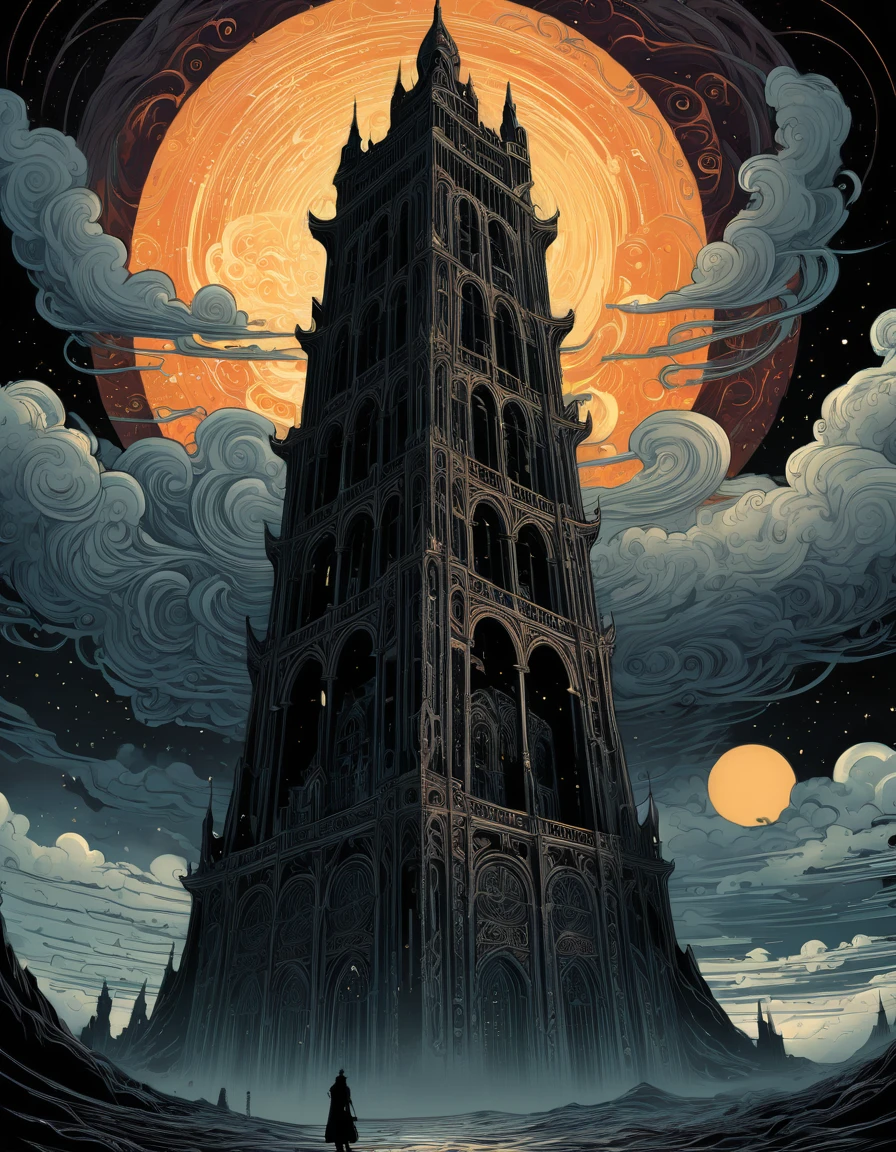 Kilian Eng Style page, Ancient Dark Tower, Towering high in the sky, Darkest Tower. sunlight filtering through clouds, Clouds swirling around the tower, It depicts powerful themes such as "death" "ruin" and "madness", moody color palette, mysterious atmosphere, fantasy landscape, Line art, Ligne claire, Bande Dessinée, style inspired by Gustav Klimt, The Major Works of H. P. Lovecraft