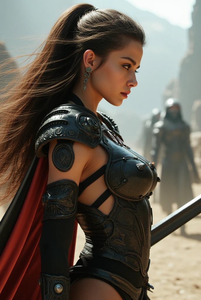 1girl, weapon, sword, solo, armor, holding, holding weapon, holding sword, earrings, cape, jewelry, blurry background, shoulder armor, brown hair, blurry, breasts, medium breasts, long hair, , lips, pauldrons, profile, science fiction, outdoors, from side, parted lips, artist name, zPDXL3, detailxl,  Score_PnyReal,