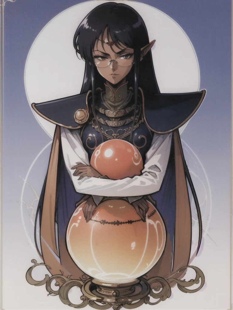 (( 1 girl )), Anime,  black hair, Dark Skin, Shiny glasses lenses, Mouth closed and expressionless,  sitting, She holds a glowing sphere in her hand.、Two other glowing spheres orbit her..