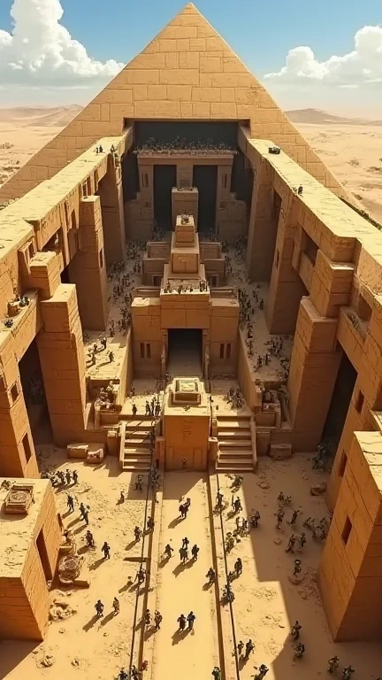 An animated cross-section of a pyramid under construction, showing ramps and workers hauling stones upward using ropes and teamwork