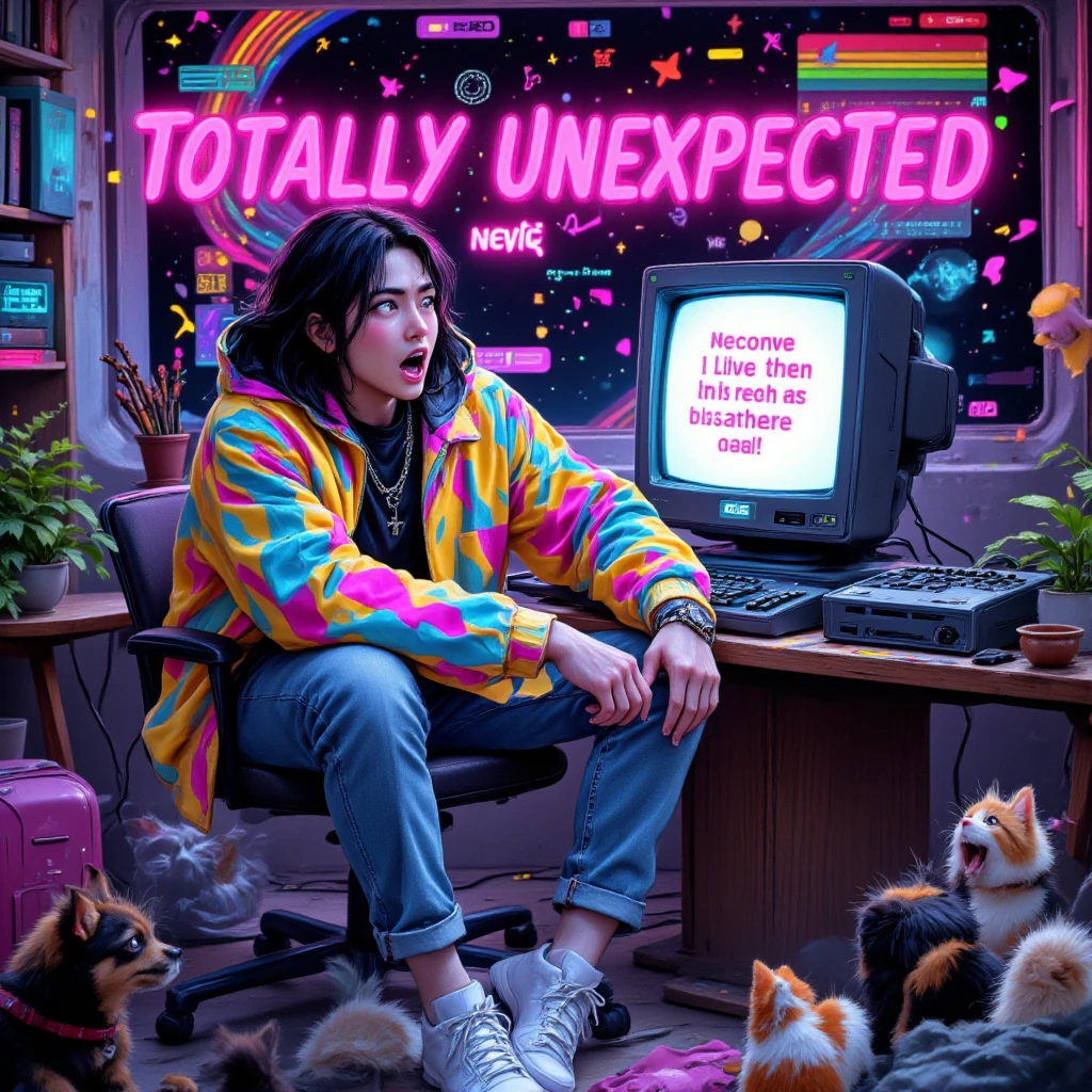 A humorous and retro-inspired IG influencer photograph captures a young man sitting in front of a vintage computer, with a shocked and surprised expression on his face, as if he's just discovered he's been catfished online. He is dressed in 80s-style clothing, complete with a neon windbreaker, high-waisted jeans, and white sneakers. The photograph is taken from a slightly low angle, emphasizing the man's surprise and disbelief. The background features a mix of colorful geometric shapes and patterns, reminiscent of the 80s aesthetic. The title "Totally Unexpected (Surprise!)" appears in bold, neon letters in the center of the image. The overall design is visually engaging, exuding a sense of humor and nostalgia, perfectly encapsulating the essence of the 80s pop track