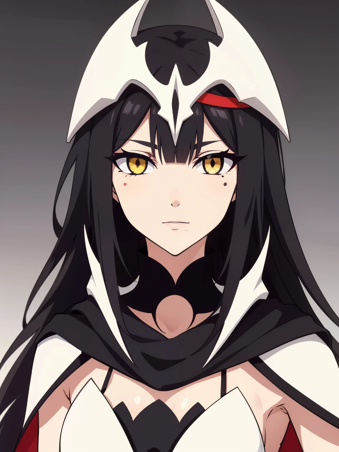 (high-quality, breathtaking),(expressive eyes, perfect face) 1girl, female, solo, adult age, Symmetrical Eyes, simple grey gradient background, long hair, shag hair, portrait, looking at viewer, black cape, scarf, white bone armor, detached collar, hollow mask, espada, golden yellow eye color, hollowfication, ichigo hollow mask inspiration, fox mask, black hair color,
