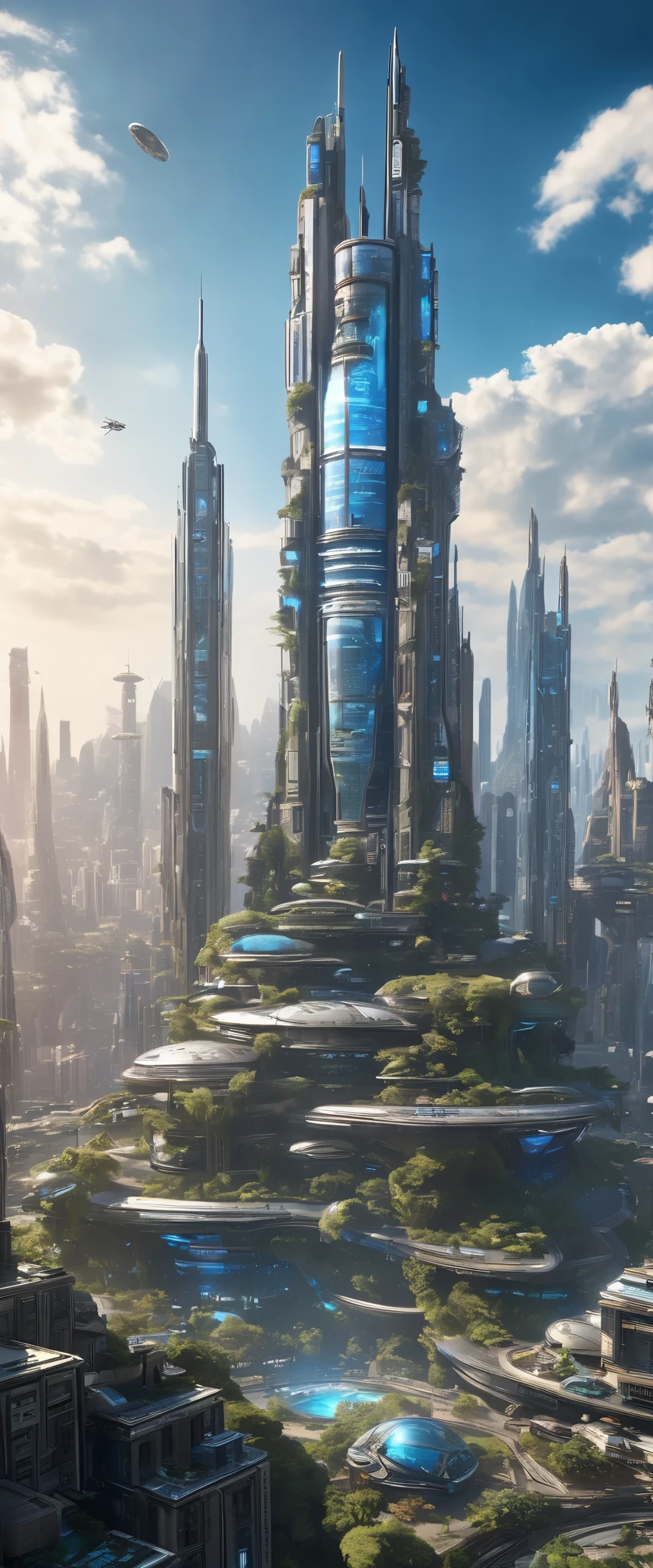  futuristic city and giant tower in high-definition images ， detailed images、 highly detailed matte painting 、 rock planet 、Intricate film 、 massive ultra-detailed matte painting of robots、Complex Environment、 Amazing（ sci-fi concept art  、 CGSociety )