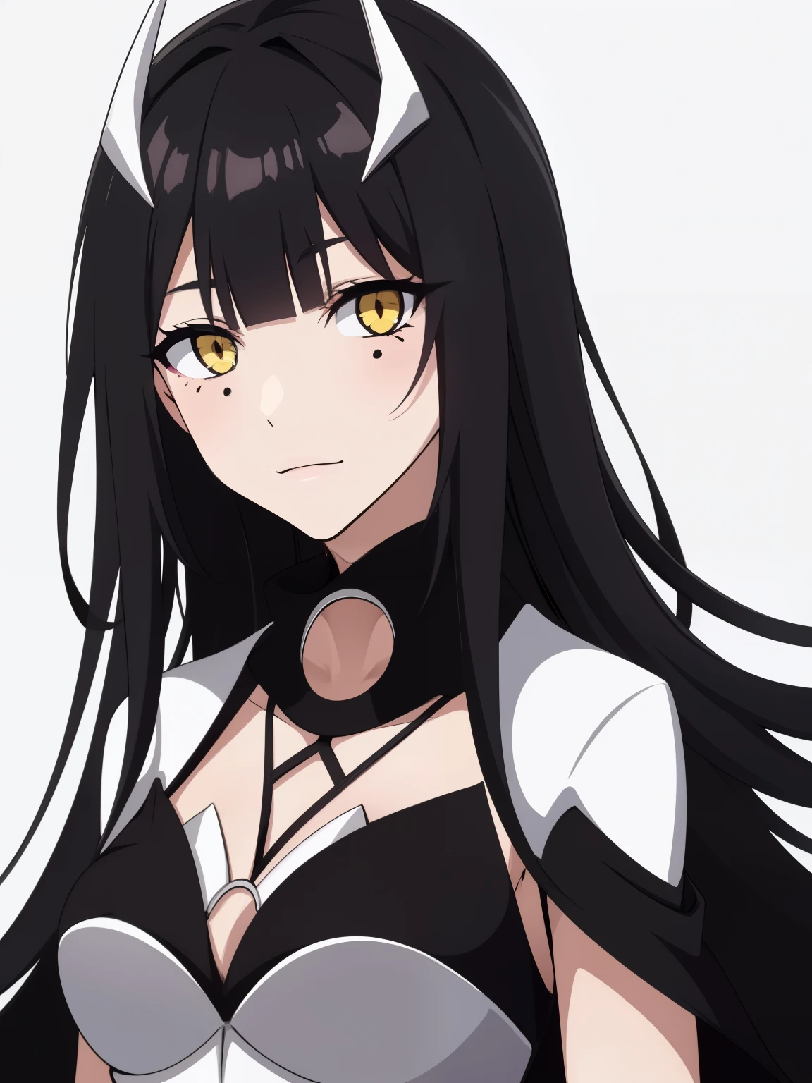 (high-quality, breathtaking),(expressive eyes, perfect face) 1girl, female, solo, adult age, Symmetrical Eyes, simple grey gradient background, long hair, shag hair, portrait, looking at viewer, black cape, scarf, white bone armor, detached collar, hollow mask, espada, golden yellow eye color, hollowfication, ichigo hollow mask inspiration, fox mask, black hair color, pink highlights,
