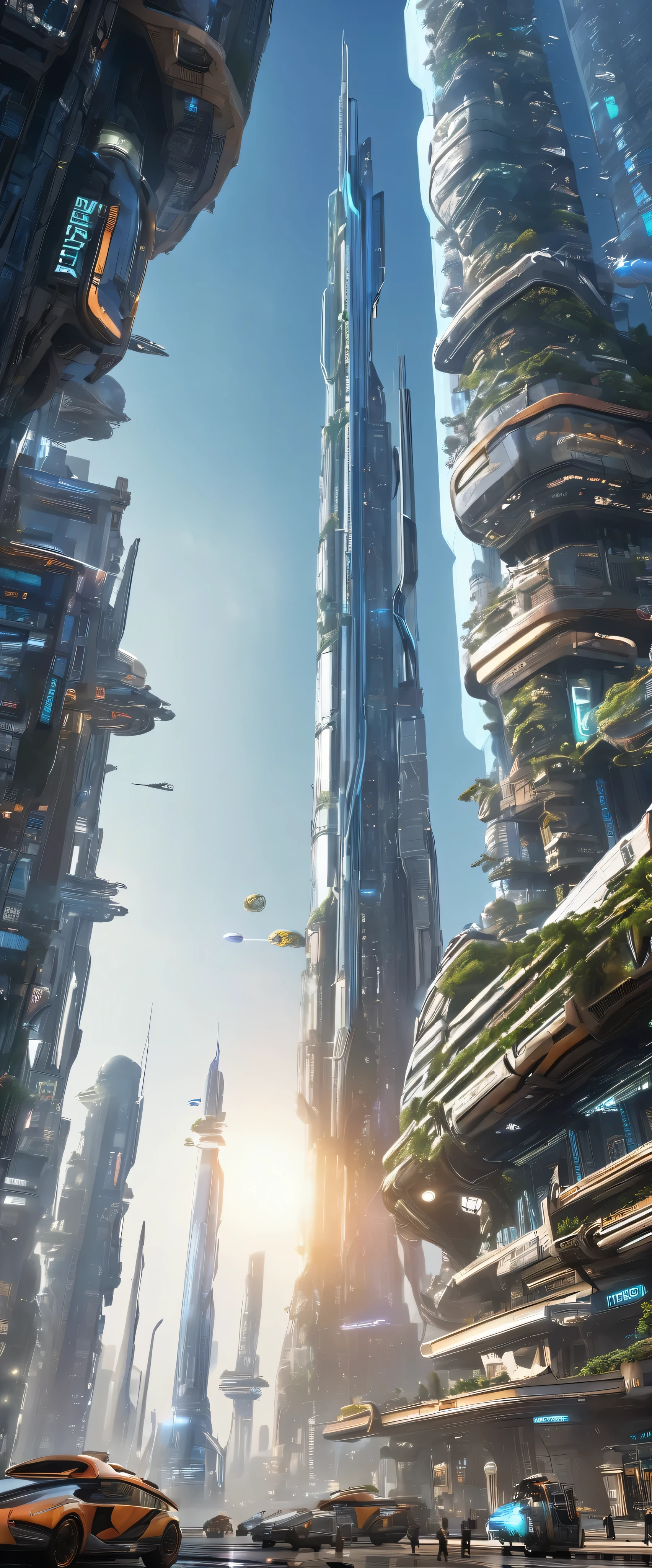  futuristic city and giant tower in high-definition images ， detailed images、 highly detailed matte painting 、 rock planet 、Intricate film 、 robots、Complex Environment、 Amazing（ sci-fi concept art  、 CGSociety )