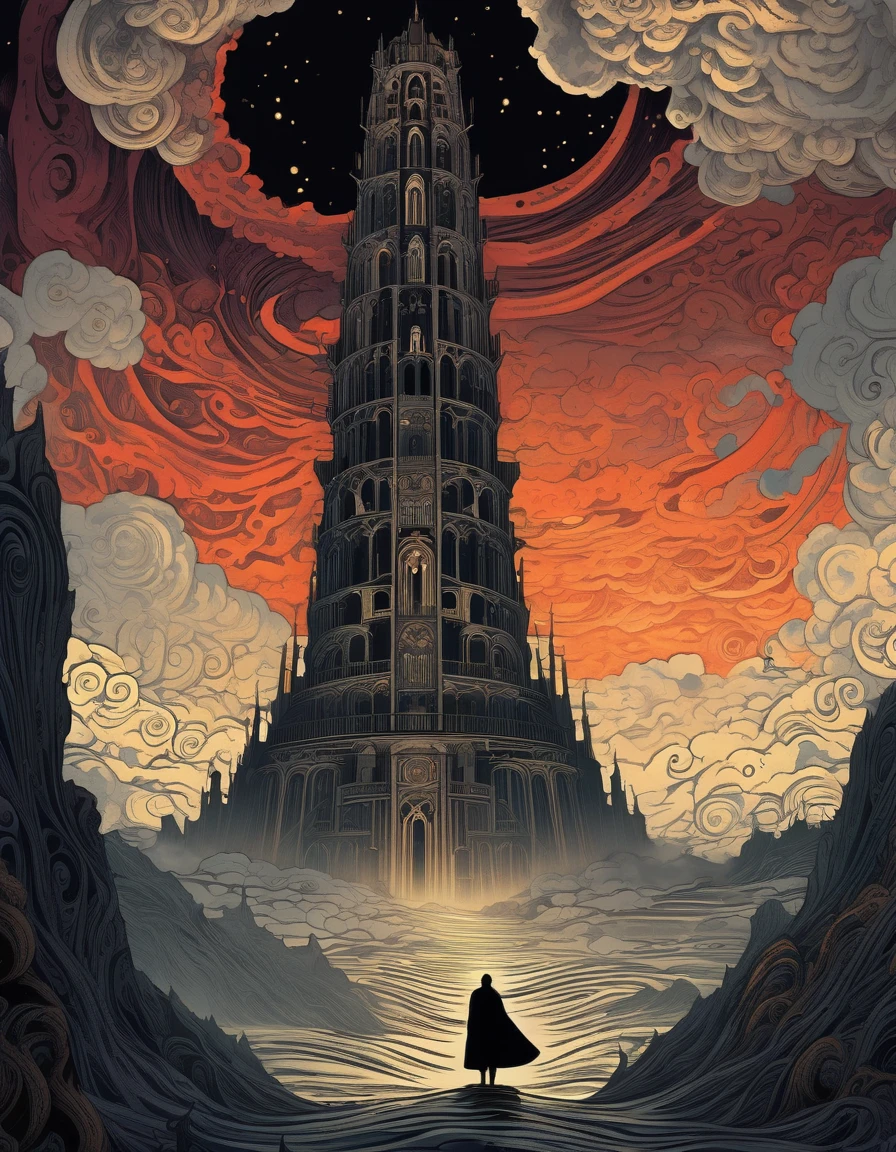 Kilian Eng Style page, Ancient Dark Tower, Towering high in the sky, Darkest Tower. sunlight filtering through clouds, Clouds swirling around the tower, It depicts powerful themes such as "death" "ruin" and "madness", moody color palette, mysterious atmosphere, fantasy landscape, Line art, Ligne claire, Bande Dessinée, style inspired by Gustav Klimt, The Major Works of H. P. Lovecraft