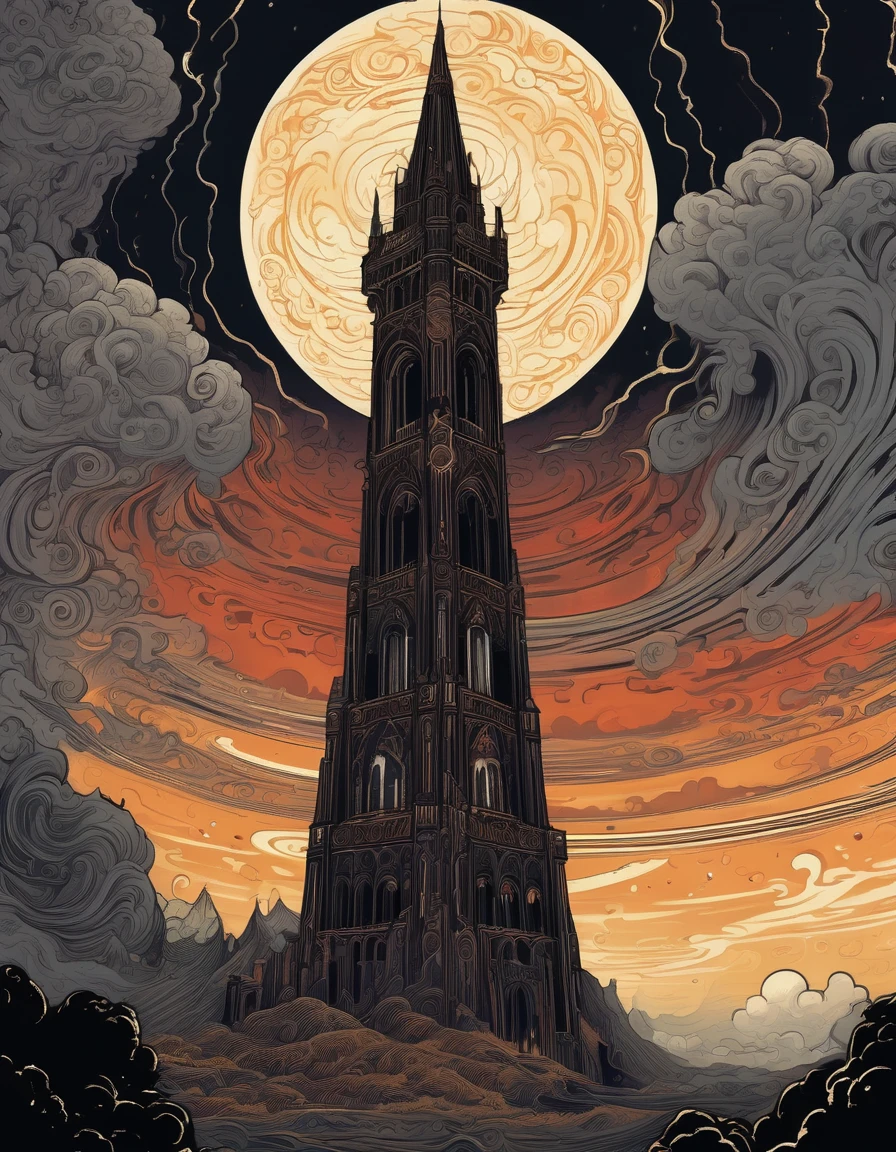 Kilian Eng Style page, Ancient Dark Tower, Towering high in the sky, Darkest Tower. sunlight filtering through clouds, Clouds swirling around the tower, It depicts powerful themes such as "death" "ruin" and "madness", moody color palette, mysterious atmosphere, fantasy landscape, Line art, Ligne claire, Bande Dessinée, style inspired by Gustav Klimt, The Major Works of H. P. Lovecraft