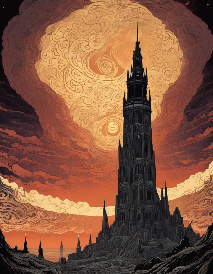 Kilian Eng Style page, Ancient Dark Tower, Towering high in the sky, Darkest Tower. sunlight filtering through clouds, Clouds swirling around the tower, It depicts powerful themes such as "death" "ruin" and "madness", moody color palette, mysterious atmosphere, fantasy landscape, Line art, Ligne claire, Bande Dessinée, style inspired by Gustav Klimt, The Major Works of H. P. Lovecraft