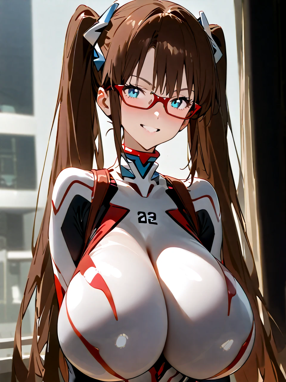         top quality,         top quality,           High Quality Images        ,     masterpiece  ,               super high resolution        ,              detailed background    ,              absurd,            Perfect Anatomy     ,     ,       good lighting      ,           Photo Gallery    ,   white background 、          Neon Genesis Evangelion  、 Makinami Mari Illustrious、 、 long hair、 brown hair 、 Twin Tails 、（低い Twin Tails ：1.5）、 headband、青い headband、 blue eyes、Glasses（Split Bangs ：1.5） 、White plug suit 、、smile、 very huge breasts