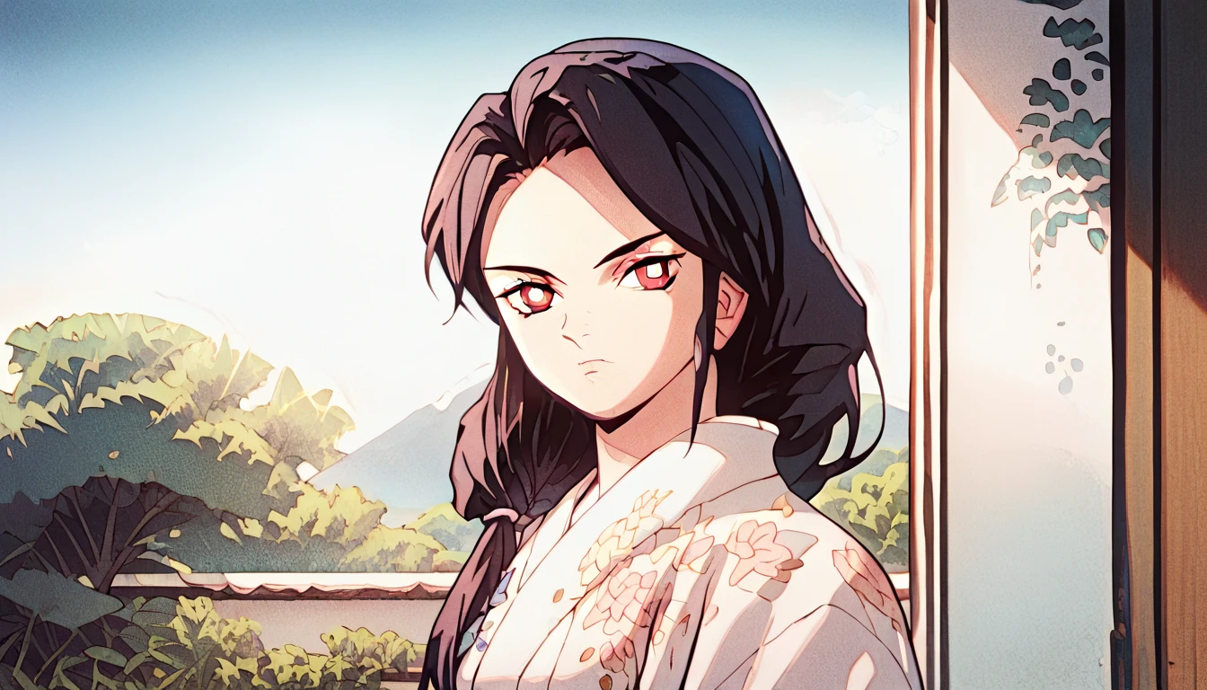 score_7_up_, BREAK source_anime, RRukaV4XL, 1girl, solo, japanese clothes, kimono, looking at viewer, bright pupils, closed mouth, upper body, day, floral print, sliding doors, white kimono, low ponytail, hair over shoulder, cowboy shot, 