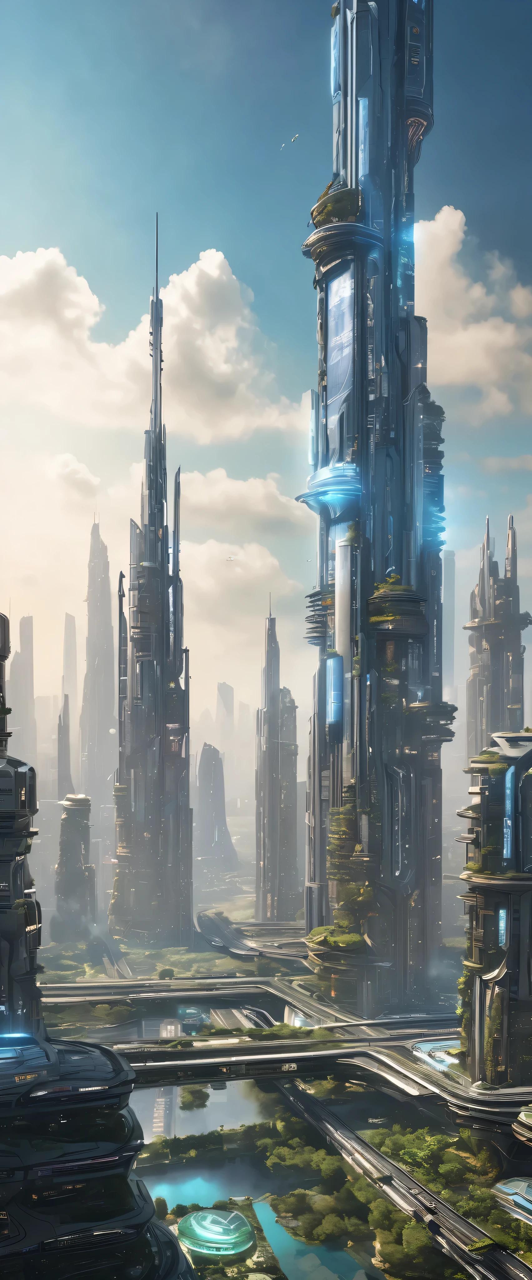  futuristic city and giant tower in high-definition images ， detailed images、 highly detailed matte painting 、 rock planet 、Intricate film 、 robots、Complex Environment、 Amazing（ sci-fi concept art  、 CGSociety )