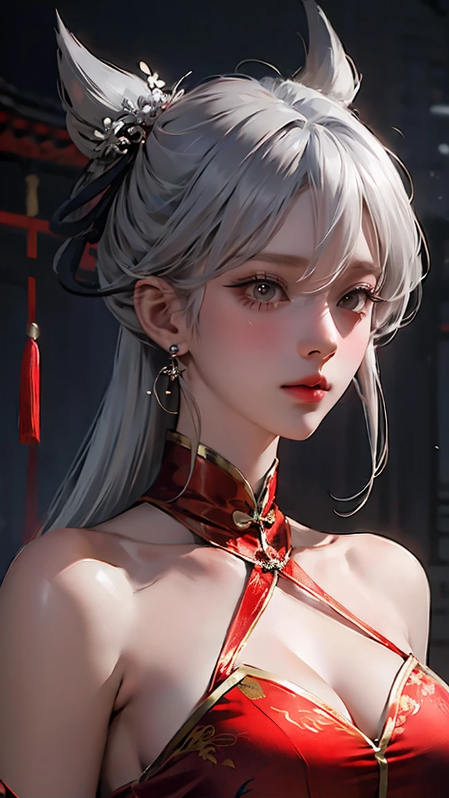 photorealistic, high resolution, soft lights, 1women, solo, hips up, look at viewer, (detailed face), red eyes, white hair, long hair, detailed eyes, ch'en \(arknights\), red eyes, solo, chinese dress, red cheongsam, realistic, makeup