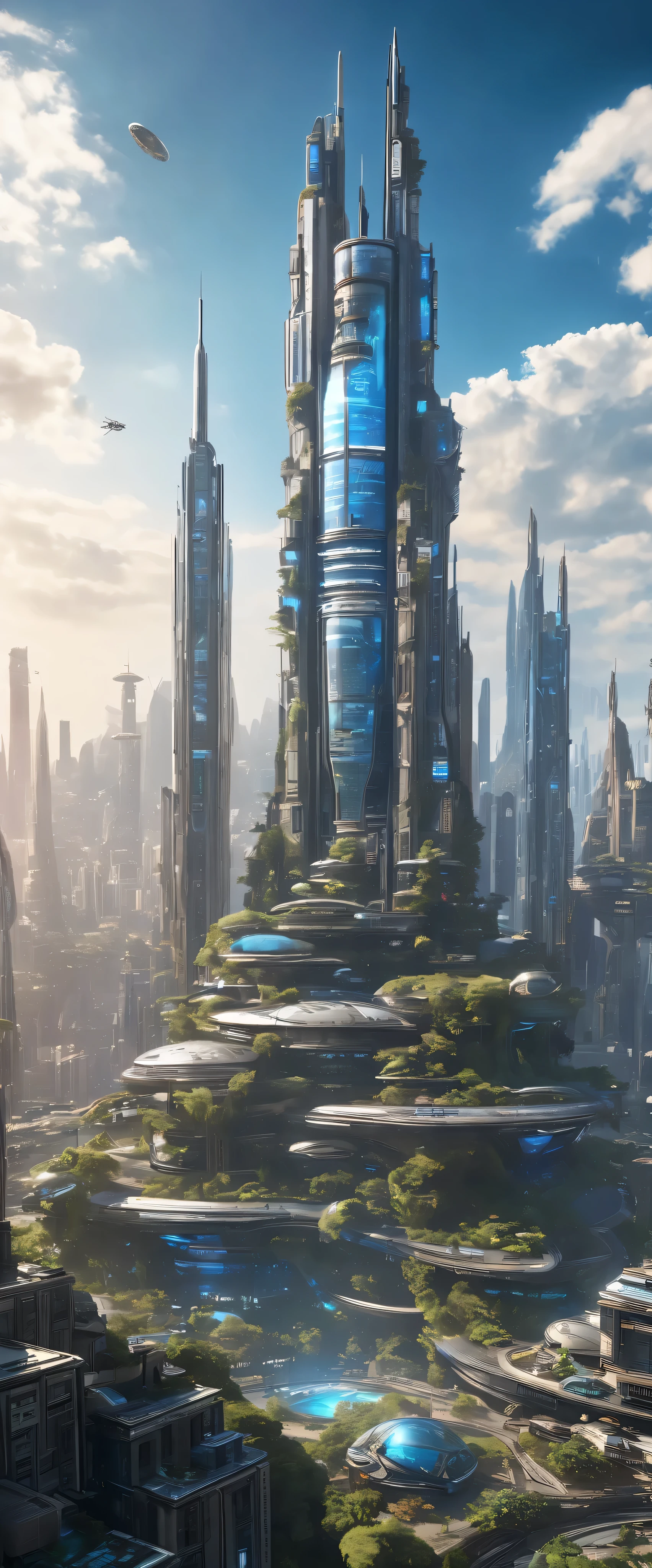  futuristic city and giant tower in high-definition images ， detailed images、 highly detailed matte painting 、 rock planet 、Intricate film 、 robots、Complex Environment、 Amazing（ sci-fi concept art  、 CGSociety )