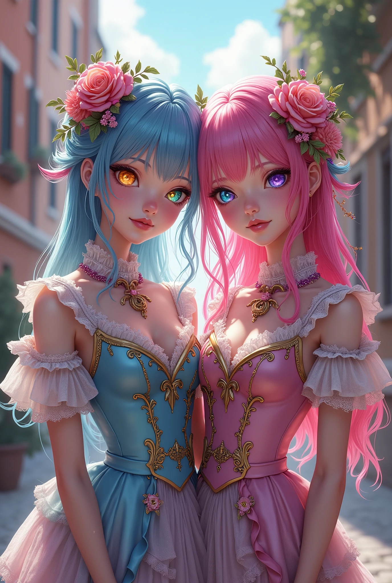 (( barbie red teal blue hair color)), pink eyes,sexy woman, cat ears, hearts, floating hearts, face only, long hair, smiling, hair ornament, up close face, closed mouth smile, up closeface, hair bows, sexy body