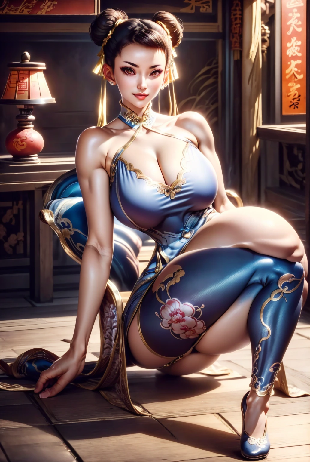 (1 Girl), (Solitary:1.4), Chun-li, SF2A , 18 years, sexy Mature woman, whole body，effort，fighting，Kick, (Blue and gold embroidered cheongsam, Cleavage, Tights chestnut, stupid), (Brown eyes, short hair, Brown hair, Double bun),  OPPEIN PROPORTION , Japanese Goddess, Very detailed, plump, Cleavage, Nipple contour, Glowing skin, Perfect body, Perfect face shape, Hyper-realistic animation, Pose for photos, a fitness girl, A charming smile，Lively expressions，The face is rich in detail，Eyes Details，eyelash，pupil。Full body portrait，sexy XXXS size Bikini, sexy plump body, huge breasts,  huge ass, Thigh close-up，，Delicate picture，soft，High Definition，masterpiece, high quality, Best quality, 4K, (Movie Light), (Fine details), ((Dark background)), (((1girl))), (Perfect eyes, Detailed eyes), ((Detailed beautiful face)), Kung Fu Movies, Raise your leg and kick sideways, Cowboy lens, ((Chinatown))), ((Lion dance))), (light))), (Chinese archway), ((daytime)), ((Lively environment))Excellent work 8k.