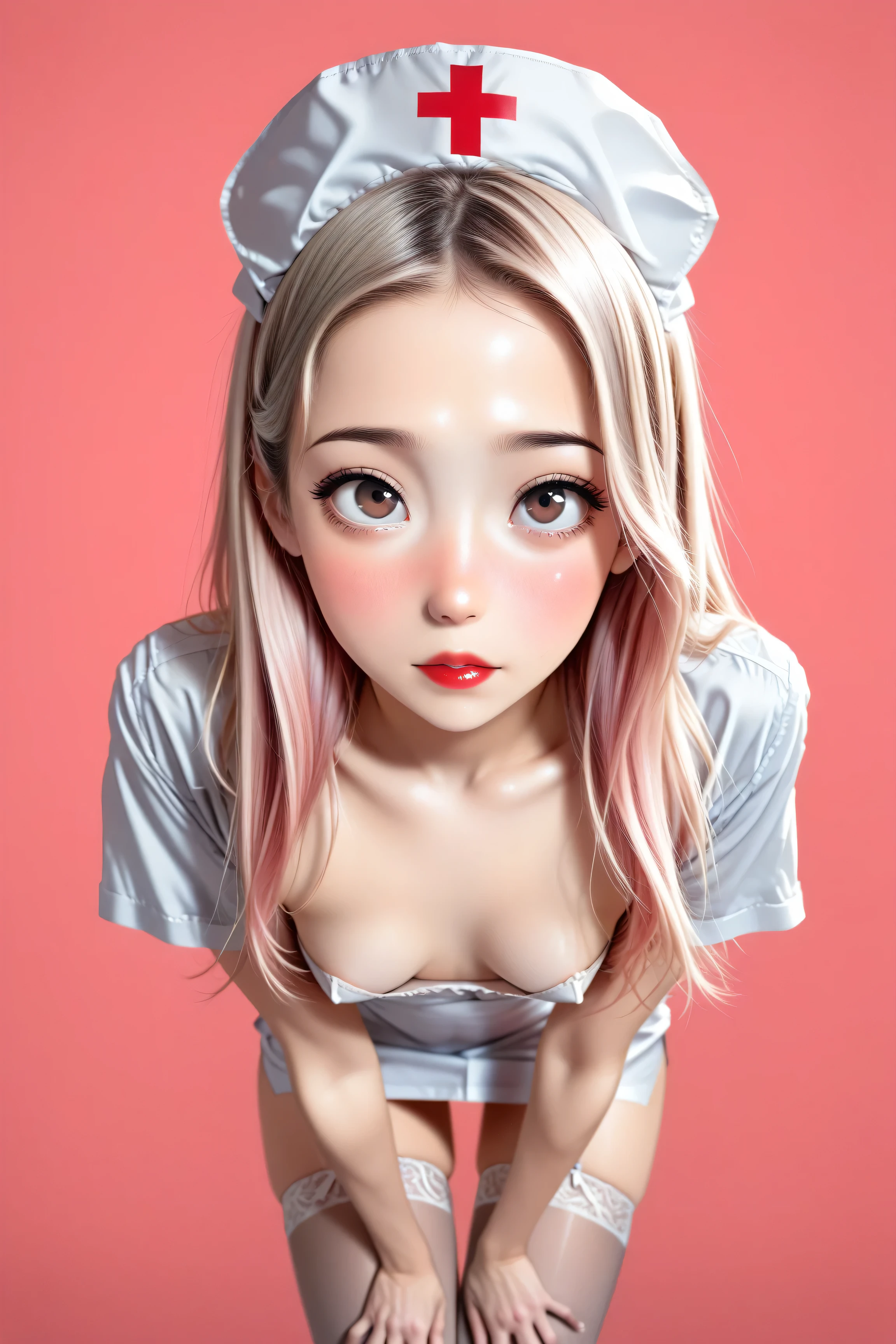 1 very young japanese girl, pink hair, blonde hair, freckled face, length hair, blushing, Shy, Red lips, pale face, close up shot, Sweet, femboy, ((tiny breasts)), ((best quality)), ((masterpiece)), (detailed), vintage, elegant, chic, sophisticated, big expressive eyes, ulzzang, high school girl、Slender、Slender body、asian high school girl, solid pink background, heavy blushing, submissive, sexy pose, nurse uniform, slender legs, thigh highs, skinny