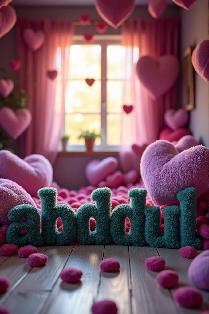 A captivating and romantic 3D representation of the name "BIGURILHAS RAPATABUAS" artfully crafted from a charming array of fluffy purple heart-shaped pillows, meticulously arranged to form the letters. Smaller pillows adorn the sides, creating a charming and whimsical display. The cozy and warm room has cream-colored walls and wooden floors, giving off an atmosphere of intimacy and comfort. Soft sunlight streams in through a large window, softly illuminating the heartfelt creation and enhancing the overall cozy ambiance. This lovely image is perfect for a Valentine's Day display and shows a combination of photography, illustration and typography, 3D rendering, photography, typography, illustration.