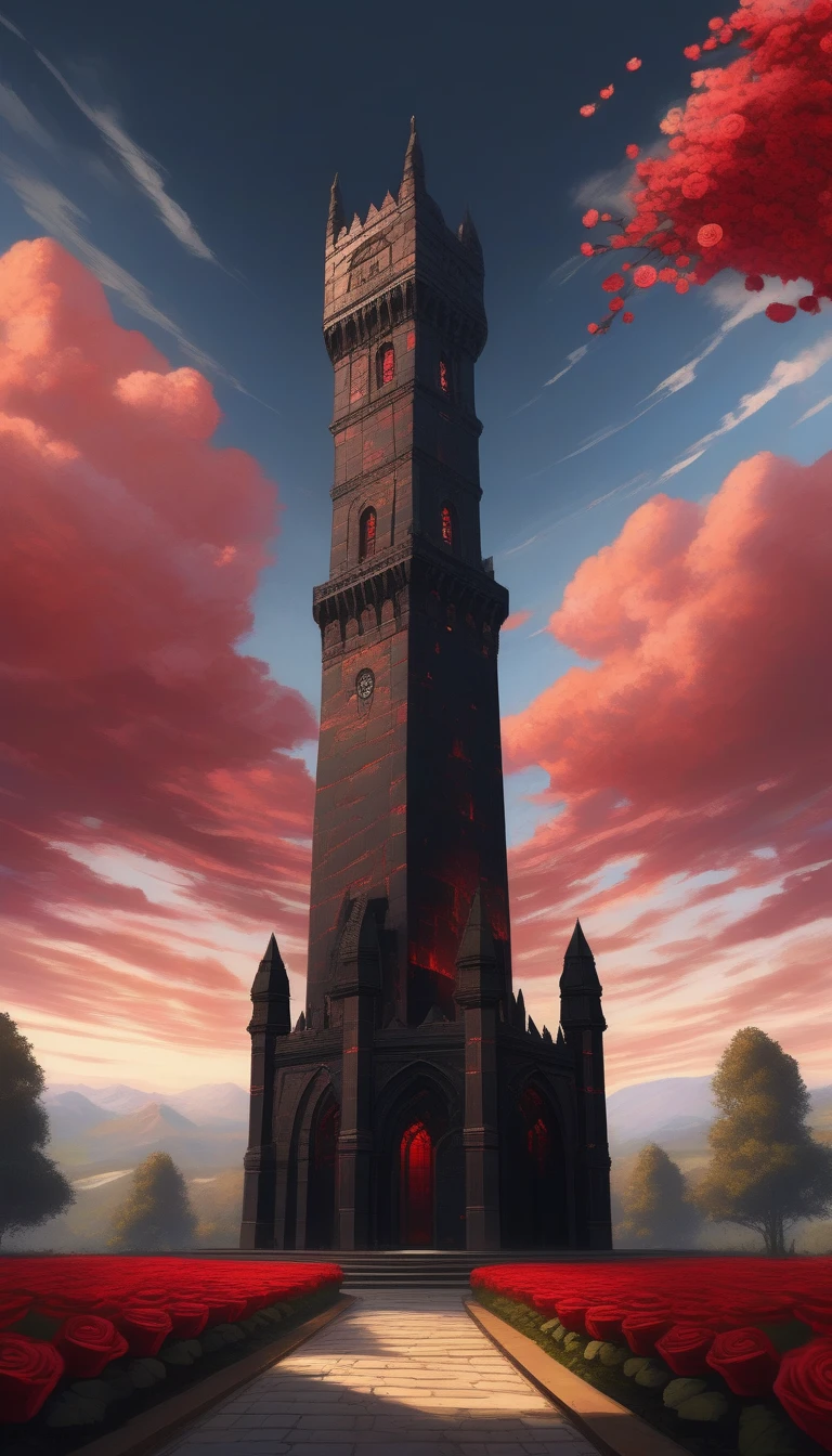 Realistic scenery, a black tower taller than edge of image, ((made of obsidian blocks)), Gothic architecture, roman arches, flying buttresses, red glass mosaic windows, sky is a dark and ominous vibe, sky is amber-red colored, ring thunder clouds around cloudy sky, the road to the tower is modern tarmac with painted lines, road is surrounded by royal red roses in bloom, roses have a tiny cosmos in the center of the bloom, moody, atmospheric, darkly threatening, awawa, pencekenan