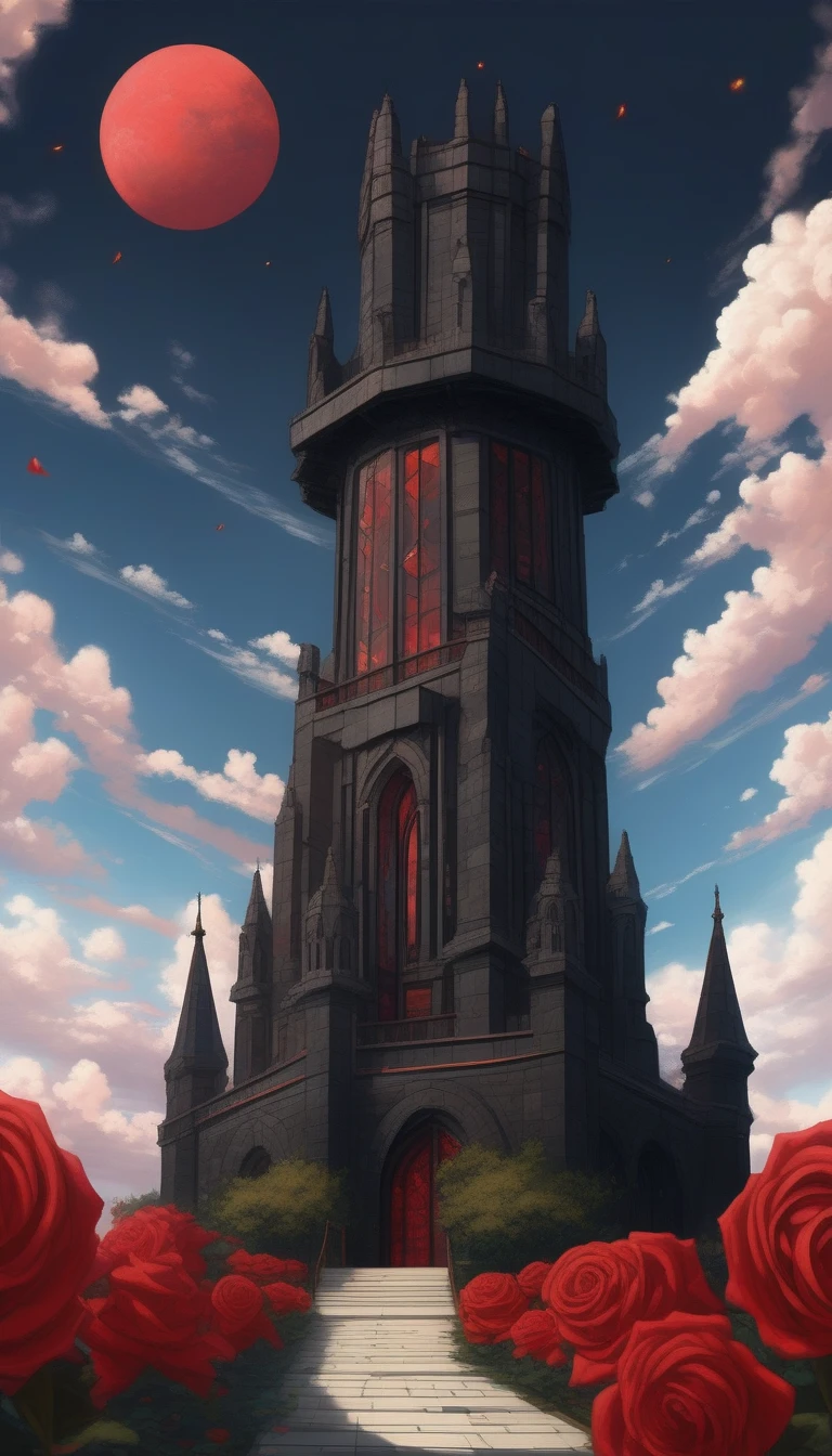 Realistic scenery, a black tower taller than edge of image, ((made of obsidian blocks)), Gothic architecture, roman arches, flying buttresses, red glass mosaic windows, sky is a dark and ominous vibe, sky is amber-red colored, ring thunder clouds around cloudy sky, the road to the tower is modern tarmac with painted lines, road is surrounded by royal red roses in bloom, roses have a tiny cosmos in the center of the bloom, moody, atmospheric, darkly threatening, awawa, pencekenan