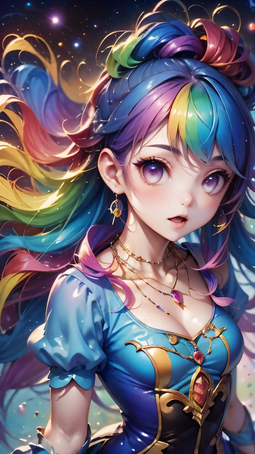 a close up of a woman with  colorful  hair and a necklace,  anime girl with space hair ,  Rosedrows Pastel Vivid , artwork in the style of Gwaiz, Fantasy art style,  colorful ]”,  vivid fantasy style, Ross Draws style cartoon vivid , cosmic and  colorful , Gwaiz,  colorful l digital fantasy art,  Amazing Art Style ,  extra 