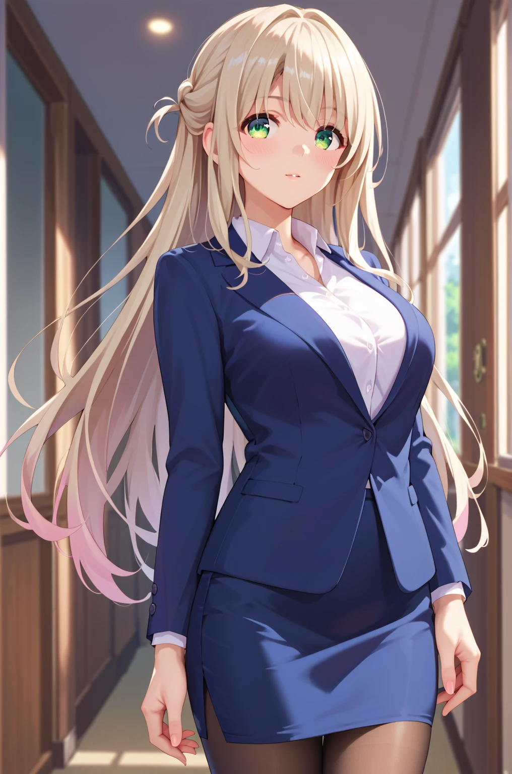 masterpiece, best quality, 8k Ultra HD, extremely delicate detailed, nonomi izayoi, cowboy shot, shoot from front, solo, beautiful face, light green eyes, (finely detailed eyes, beautiful eyes), large and beautiful breasts, (long hair, light Ivory hair), blush, standing, business suit, white business shirt, pencil skirt, pantyhose,