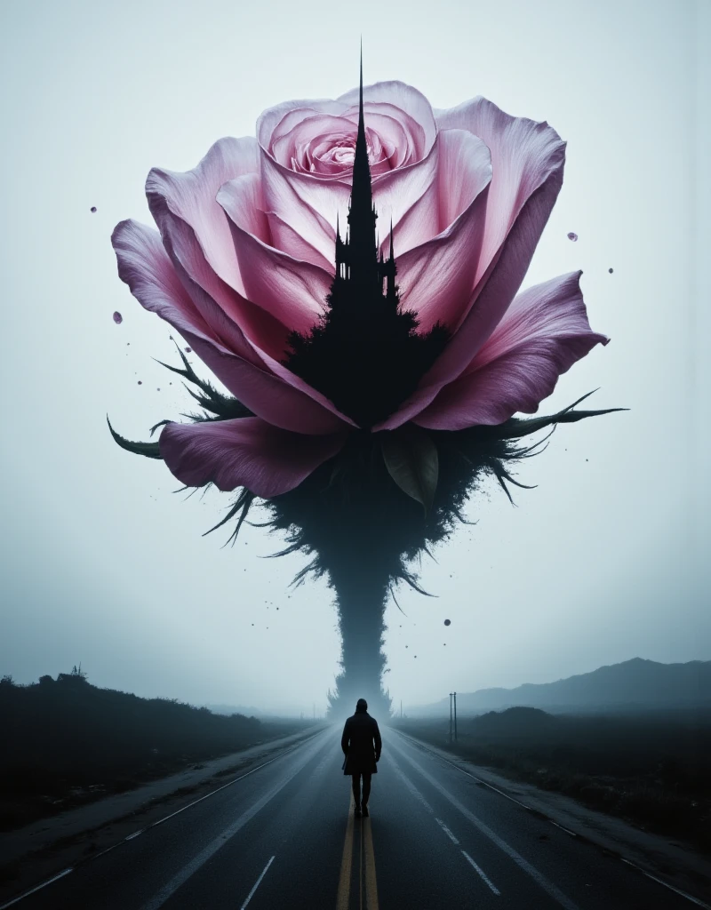 Hyper-realistic digital painting  An ideal double exposure. is a huge Transparent silhouette of a black and burgundy rose, in double exposure  inside we see the departing silhouette of a cowboy in a raincoat walking along the road to a huge bizarre Dark tower against the background of a gloomy post-apocalyptic landscape.. Saturated dark colors. ethereal ambiance, octane render, ultra HD, vivid colors, intricate detailing, perfect composition, soft natural lighting, 8k resolution, capturing the essence of a dark fantasy realm. creating a stunning surreal composition, digital artwork showcasing ultra-detailed textures, pure perfection. High Resolution, High Quality