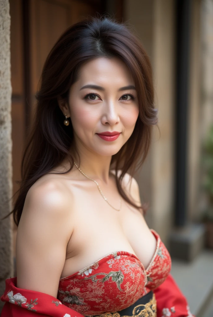 Mature Woman, ( detailed description of hair ), (Detailed description of the face), (Detailed description of the body), high definition , masterpiece,  top quality,  High Details, formal: 1.4), ( realistic : 1.2, 超 realistic な: 1.1,  realistic: 1.37), ( sharp focus: 1.4),  is written by,  physically-based rendering, half updo,  unrivaled beauty , (Ultimate beauty), (lipstick:1.1), ( eyeliner :1.2), ( mascara), ( Eye Shadow ), (48 years old,: 1.4), Japanese、 closeup 、 fine lines of laughter :1.2、seductive smile,(Cherry red × fan and flowing water pattern kimono)、(Stone building background )