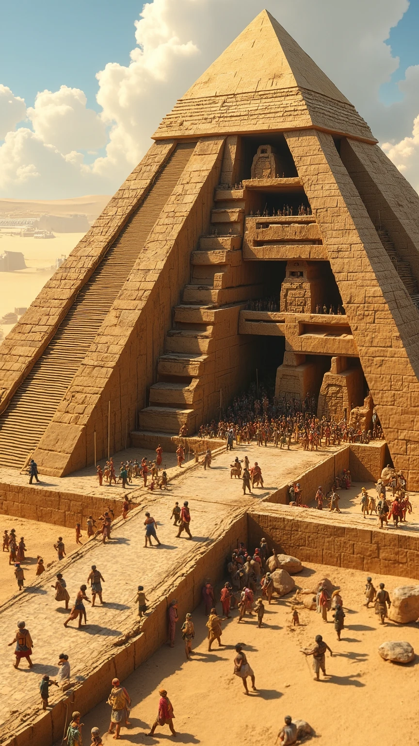 An animated cross-section of a pyramid under construction, showing ramps and workers hauling stones upward using ropes and teamwork