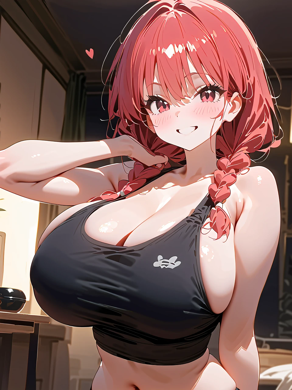            top quality,            top quality,           High-quality images             ,           masterpiece penis          ,                super high resolution    ,               detailed background ,               absurd,           PERFECT ERGONOMIC PERFORMANCE    ,        good lighting       ,          Photo Gallery          ,       、、Ranma Saotome、   braids   、Red Hair、シングル   braids   、   braids   のポニーテール、  red eyes、tank top

super large breasts   、  Heart Eyes、smile、    sexy poses  
