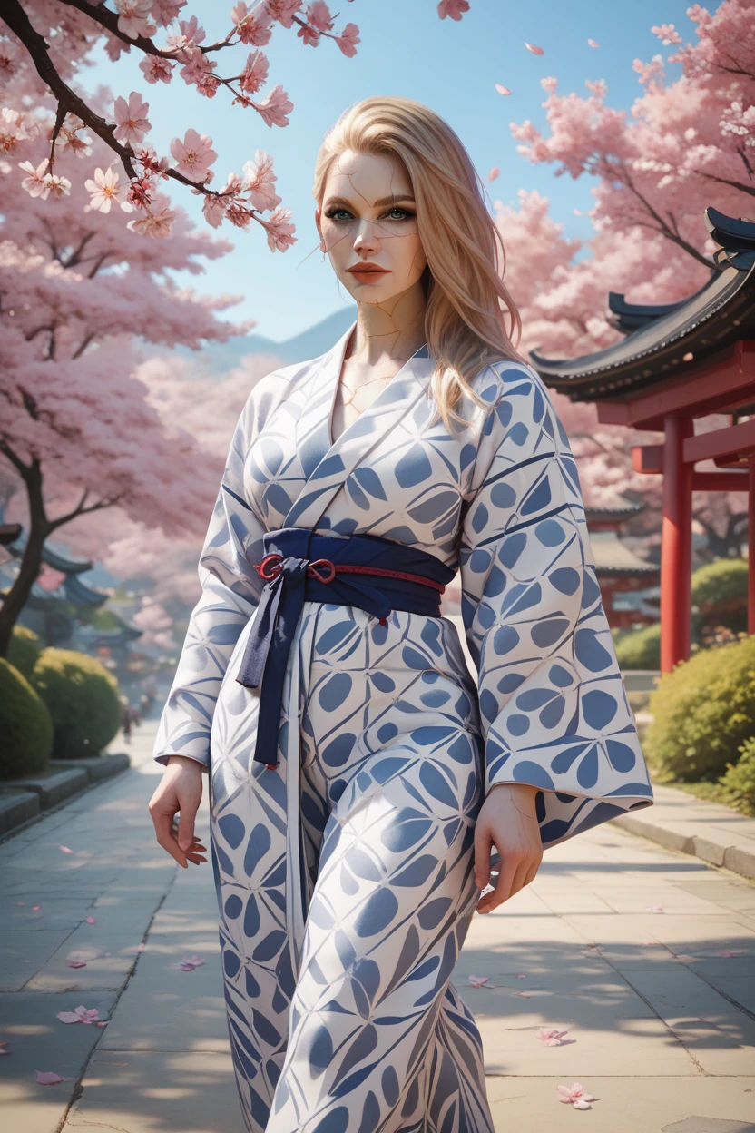 score_9, score_8_up, score_7_up, score_6_up
BGDameAylin, 1girl, blonde hair, cracked skin, long hair, looking at viewer, walking in a serene Japanese park with cherry blossoms, yukata, and a hair ornament