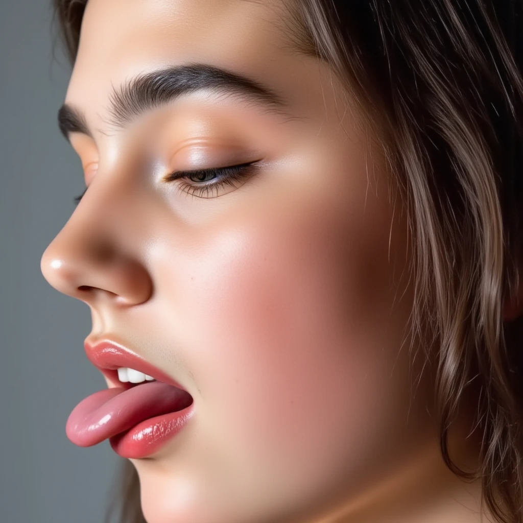 side view, her beautiful profile, close up photo on her mouth, only her mouth within the frame., 1 girl at age 15, her eyes closed., her mouth open sticking out her tongue.,she might be doing fellatio.,