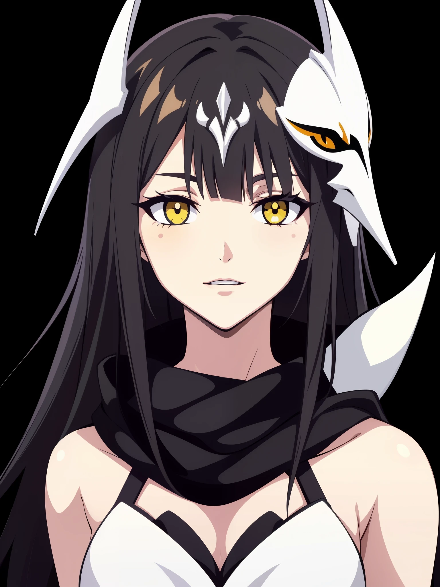 (high-quality, breathtaking),(expressive eyes, perfect face) 1girl, female, solo, adult age, Symmetrical Eyes, simple grey gradient background, long hair, shag hair, portrait, looking at viewer, black cape, scarf, white bone armor, detached collar, hollow mask, espada, golden yellow eye color, hollowfication, ichigo hollow mask inspiration, fox mask, black hair color,
