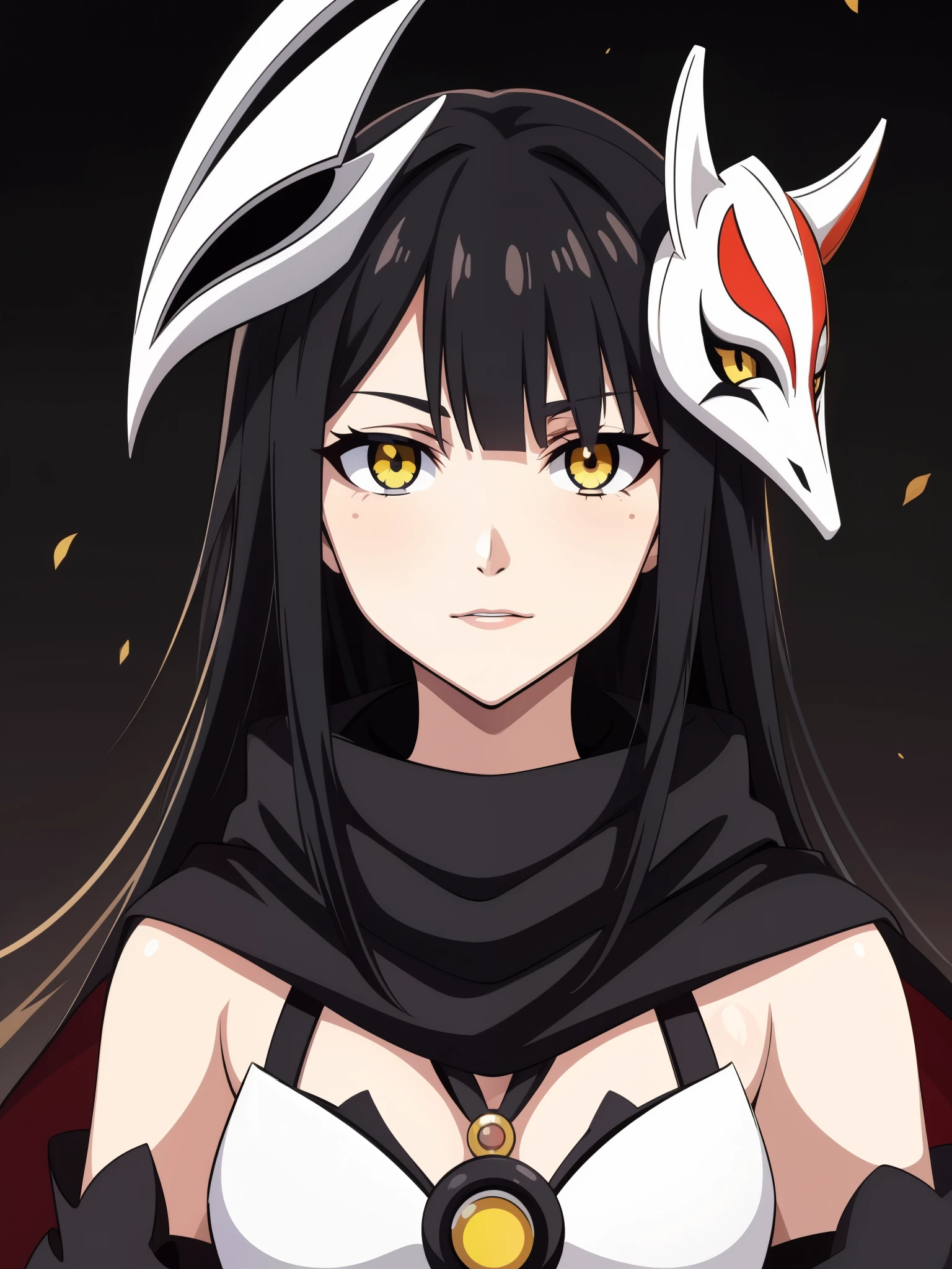 (high-quality, breathtaking),(expressive eyes, perfect face) 1girl, female, solo, adult age, Symmetrical Eyes, simple grey gradient background, long hair, shag hair, portrait, looking at viewer, black cape, scarf, white bone armor, detached collar, hollow mask, espada, golden yellow eye color, hollowfication, ichigo hollow mask inspiration, fox mask, black hair color,
