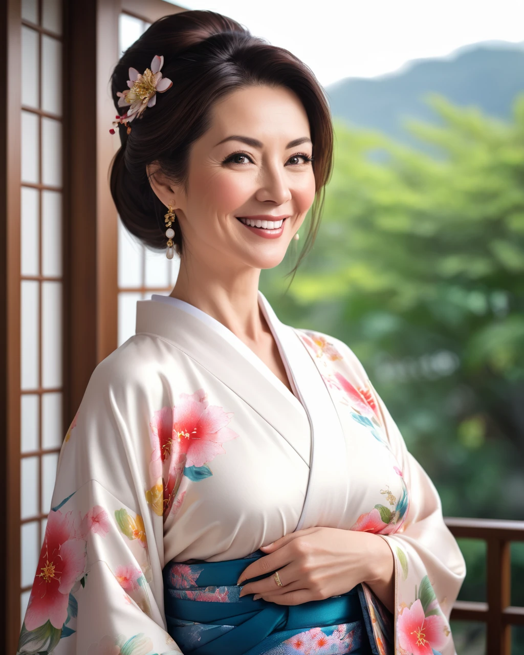 a portrait photograph of a pretty mid-age female, beautiful realistic photo, 4 k highly detailed art. Big Breasts ,  smiles, Character portrait,  kimono