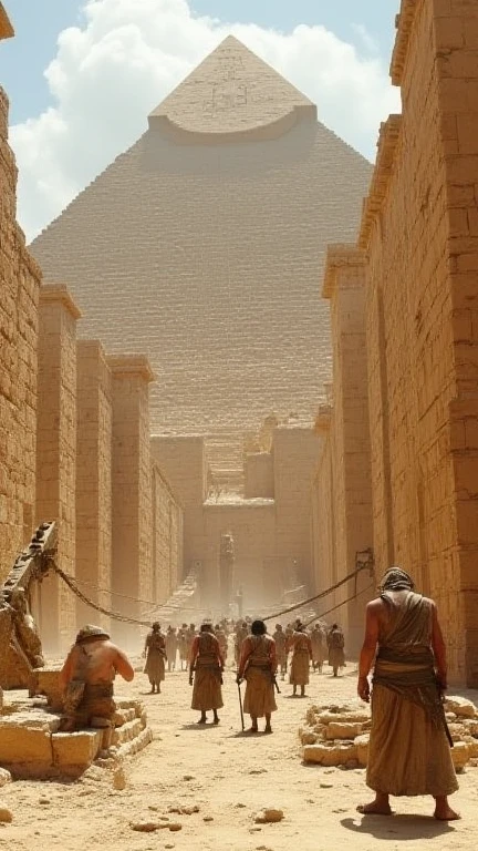 A detailed view of workers chiseling limestone blocks near a quarry while others use levers and pulleys to position blocks in the pyramid structure