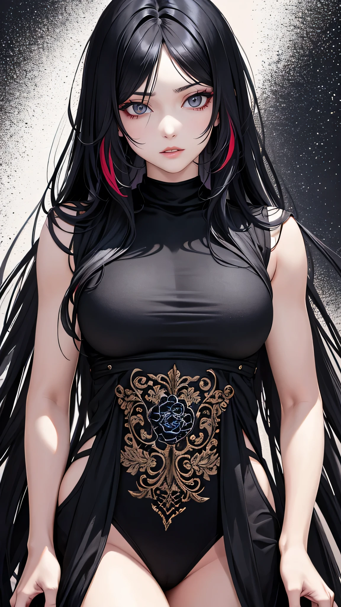(((slingshot swimsuit ))),(gigantic cleavage breasts:1.5),(nakeness),(Solo),(White background),Long black hair,Black colored eyes,Stand up,The right hand crosses the waist,,Super-heeled sandals,grin