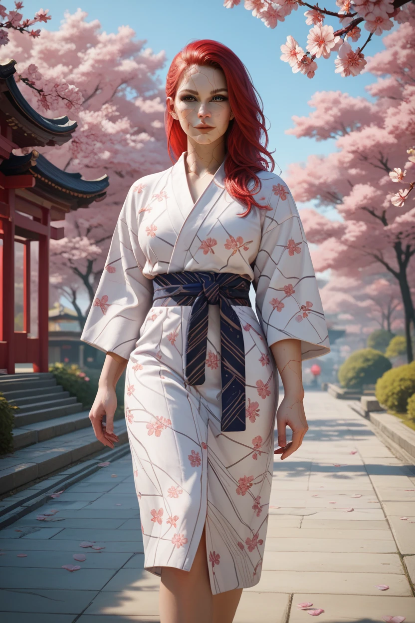 score_9, score_8_up, score_7_up, score_6_up
BGDameAylin, 1girl, red hair, cracked skin, long hair, looking at viewer, walking in a serene Japanese park with cherry blossoms, yukata, and a hair ornament