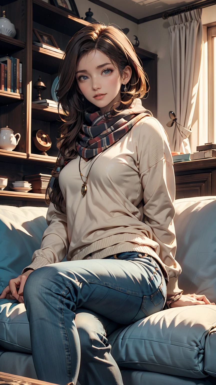 Bell, Anime, Brown Hair, medium breasts,  brown eyes,   Light Smile , jeans,  scarf,  grey sweatshirt,  blue pants ,  sitting, Crossed legs, Inside the smart home,  sitting on the couch, Asada Shino&#39;s face, Anime Sword Art Online,  top quality、 24-year-old white woman 、 blue eyes、Long eyelashes、Eye Makeup、 lip gloss、blue sky、Sit on a chair on a balcony with flowers