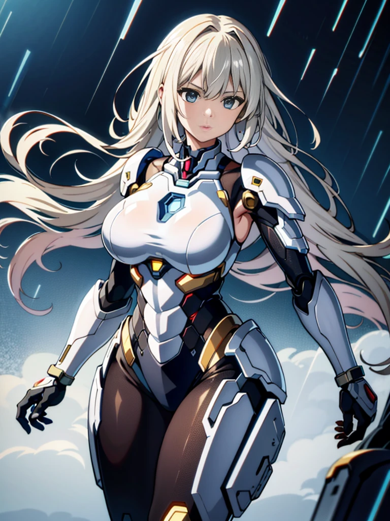 textured skin, Super detailed,  top quality,  High Resolution, Super detailed , high quality,  Best Quality ,  High Resolution，1 female robot, Beautiful Clear Face (Rain Wave_ haneame：1.5)， thick mechanical armor (Black main ，Showing upper chest、Shoulder、Some thighs )， mechanically armored arms and legs(皮膚的Shoulder和臀部)， Silver long hair ，Textured skin, Super Detail, high details, High quality, Best Quality, hight resolution, 1080P, hard disk, Beautiful,(War Machine),beautiful cyborg woman,fight Mode,Girl with a Mecha Body