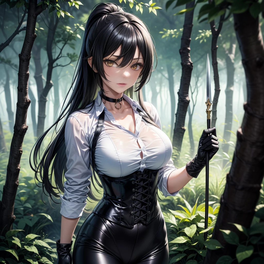 Masterpiece, Superior image quality, high resolution, 4k image,photo and gross, photorealistic, whole body, distant view, 1 young man of 15 years, {{{vagina}}}, big breasts, beautiful face, long black hair, black eyes, very detailed eyes, pink cheeks, serious expression, choker:1.6, (white collar button down long sleeve shirt), black gloves, gloves that cover hands, (holding a crossbow in his right hand), (black leather corset), (shiny black miniskirt), Sensual Lips, show details in the eyes, View from the front, looking at the viewer, dark forest path, evening, Atmosphere, fog