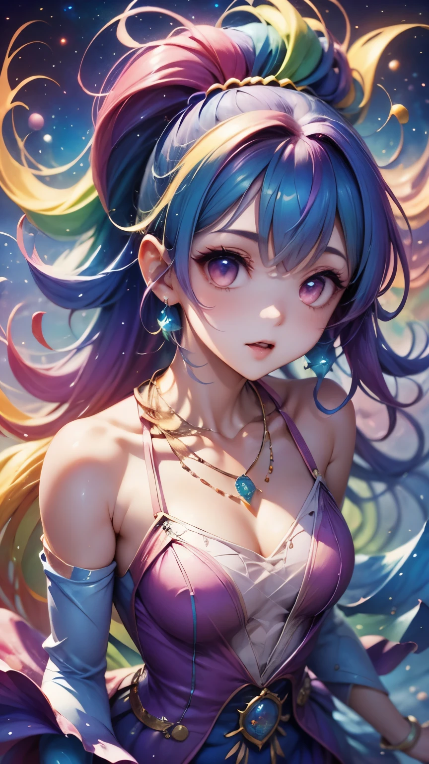 a close up of a woman with  colorful  hair and a necklace,  anime girl with space hair ,  Rosedrows Pastel Vivid , artwork in the style of Gwaiz, Fantasy art style,  colorful ]”,  vivid fantasy style, Ross Draws style cartoon vivid , cosmic and  colorful , Gwaiz,  colorful l digital fantasy art,  Amazing Art Style ,  extra 