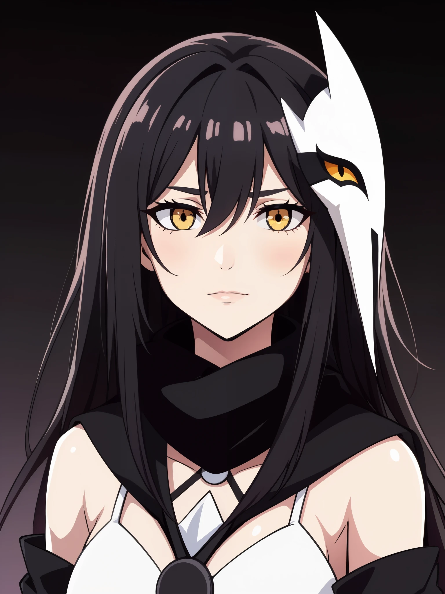 (high-quality, breathtaking),(expressive eyes, perfect face) 1girl, female, solo, adult age, Symmetrical Eyes, simple grey gradient background, long hair, shag hair, portrait, looking at viewer, black cape, scarf, white bone armor, detached collar, hollow mask, espada, golden yellow eye color, hollowfication, ichigo hollow mask inspiration, fox mask, black hair color,
