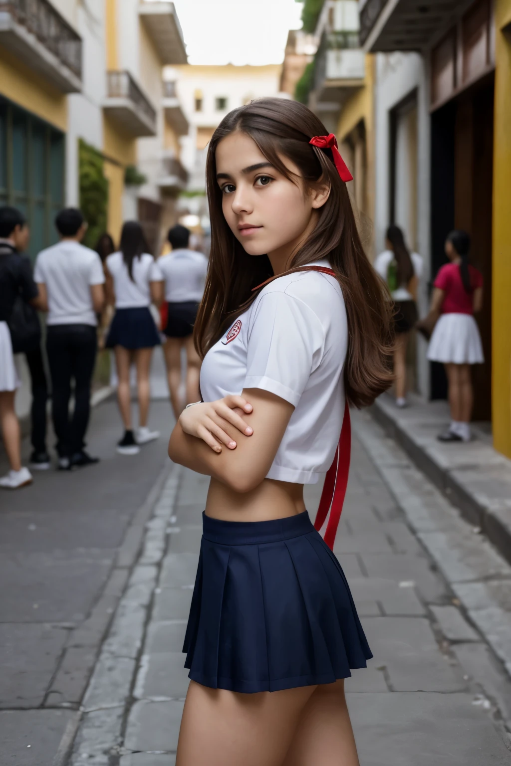 , muy guapa, pelo ondulado moreno, gafas gruesas, uniforme colegial, falda corta plisada, blusa blanca con tres botones desabrochados, Enigmatic look, llevando dos libros, en una calle solitaria, de noche, luces de farolas, 8k, detalle alto, cuerpo entero