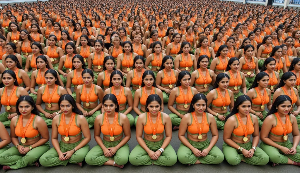 orange sport bra, green trousers, six pack Indian women 1000000000000000000000000000 clones, sitting with a medal, in the indoor ground