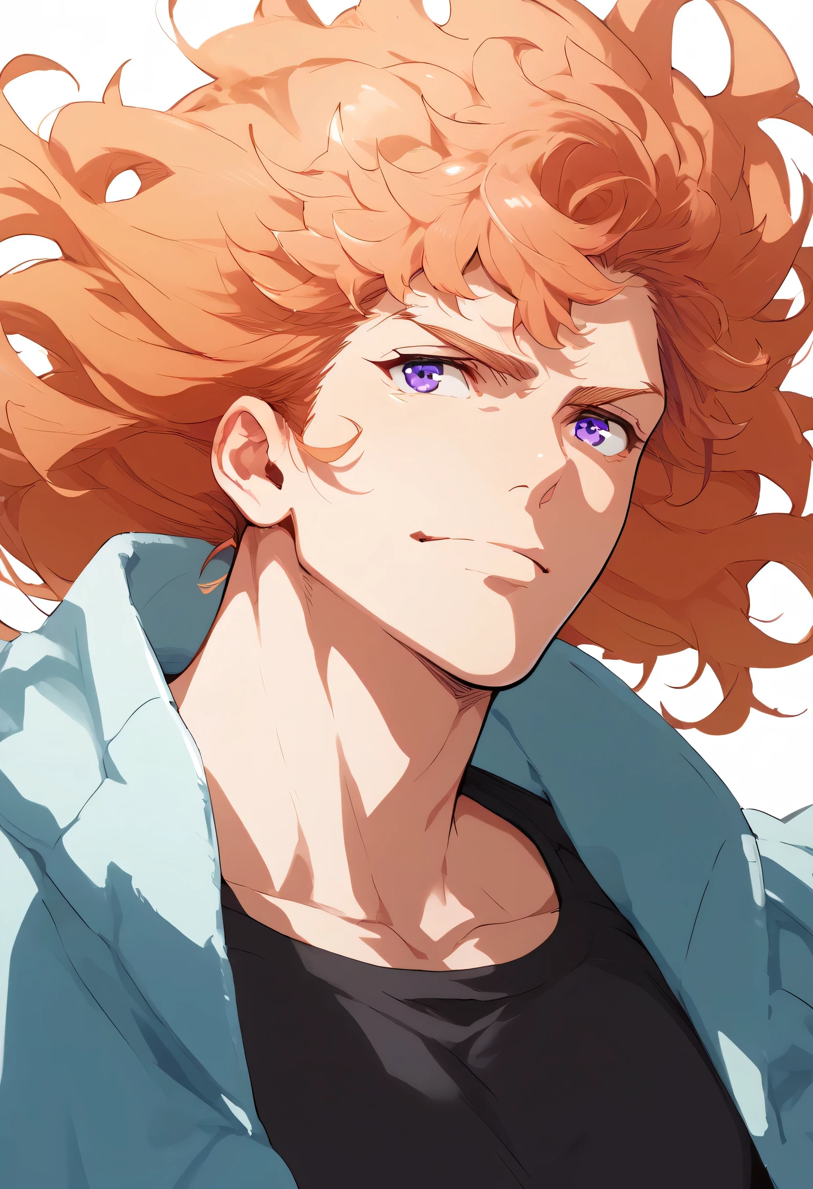 (masterpiece), best quality, high quality, 1 male, young adult, confident expression, pastel orange hair, long hair, messy half-curly hair, violet eyes, wearing a jacket with a black tank top, muscle body, muscle, upper body, simple background, looking ahead, portrait, face focus,   